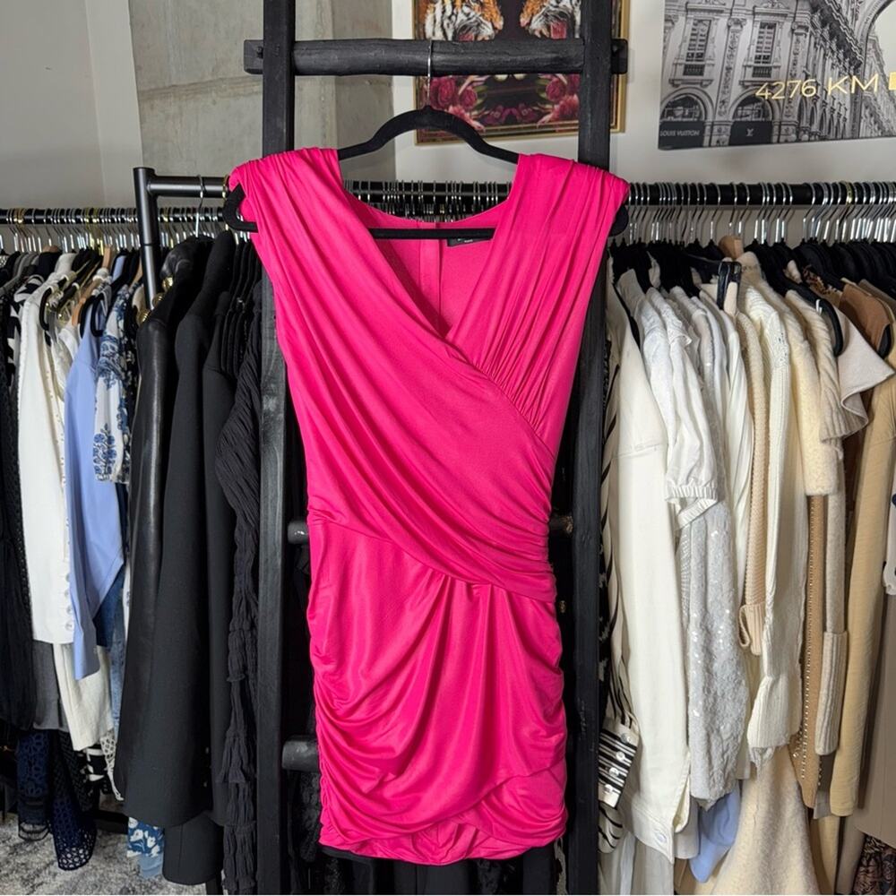 Balmain Fuchsia Ruched Mini Dress Metallic Shine V-Neck Pointed Shoulder - Picture 5 of 16